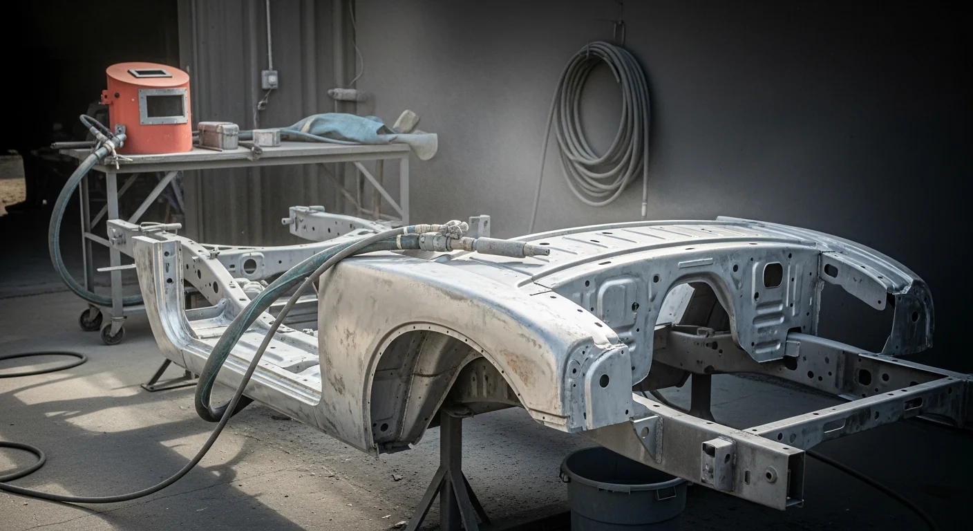 A vehicle undercarriage stripped to bare metal after automobile blasting service in Indianapolis, showing clean rust-free frame rails and wheel well surfaces. Close-up view of a car door panel with old paint and surface rust fully removed, ready for primer application.