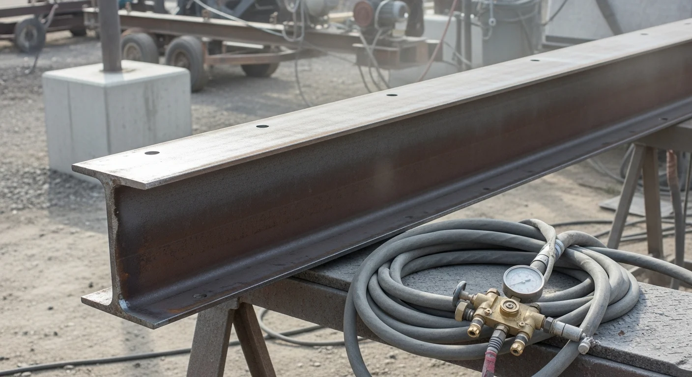 A metal surface in Indianapolis after mobile blasting, showing a clean, rust-free substrate with a uniform profile ready for protective coating application. Scott's Mobile Blasting equipment is visible on-site in the background.
