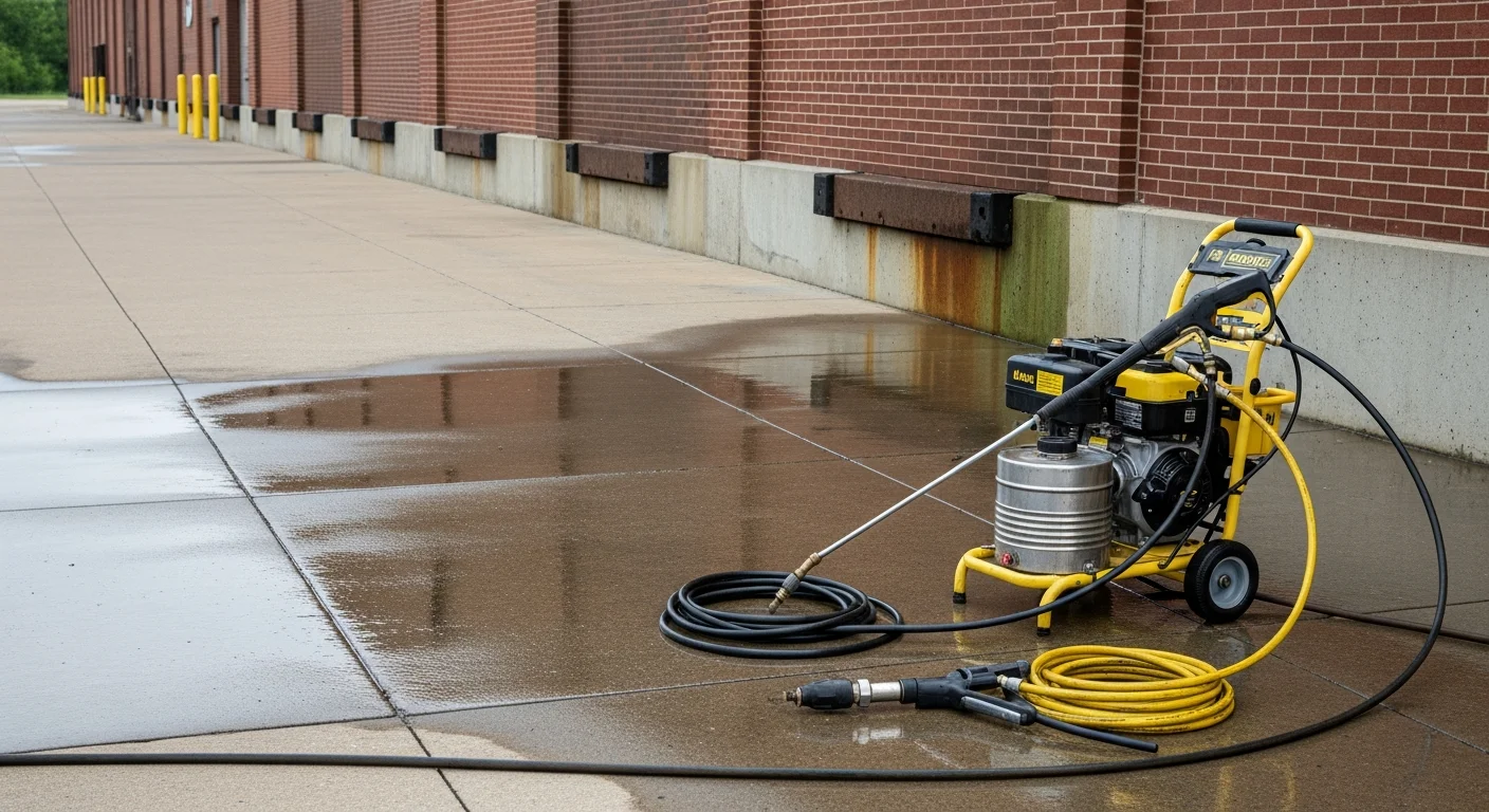 A commercial building exterior in Indianapolis with concrete sidewalks and a brick facade being pressure washed, showing a clear contrast between the cleaned and uncleaned sections of the surface.