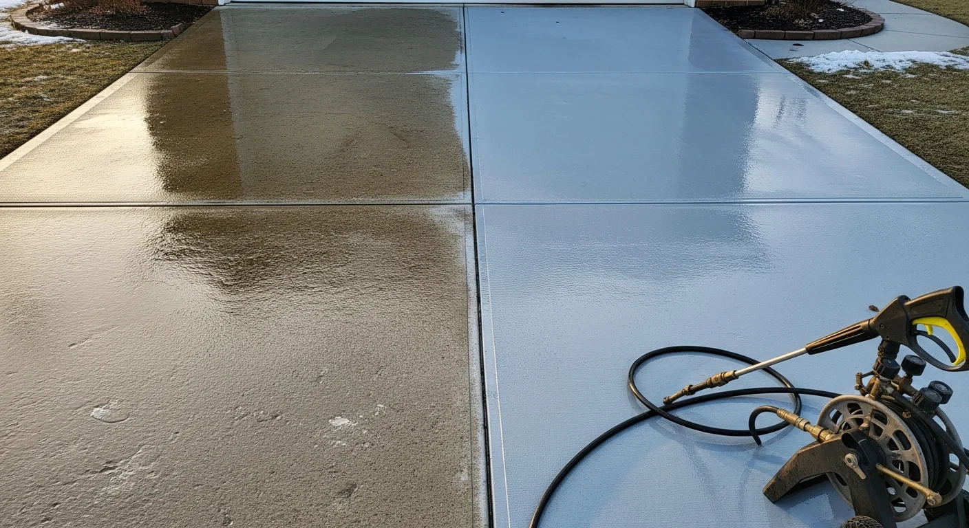 A concrete driveway in Indianapolis shown before and after professional pressure washing, with dark algae stains and road salt residue removed to reveal clean, light-colored concrete. Scott's Mobile Blasting mobile pressure washing unit is visible in the background.