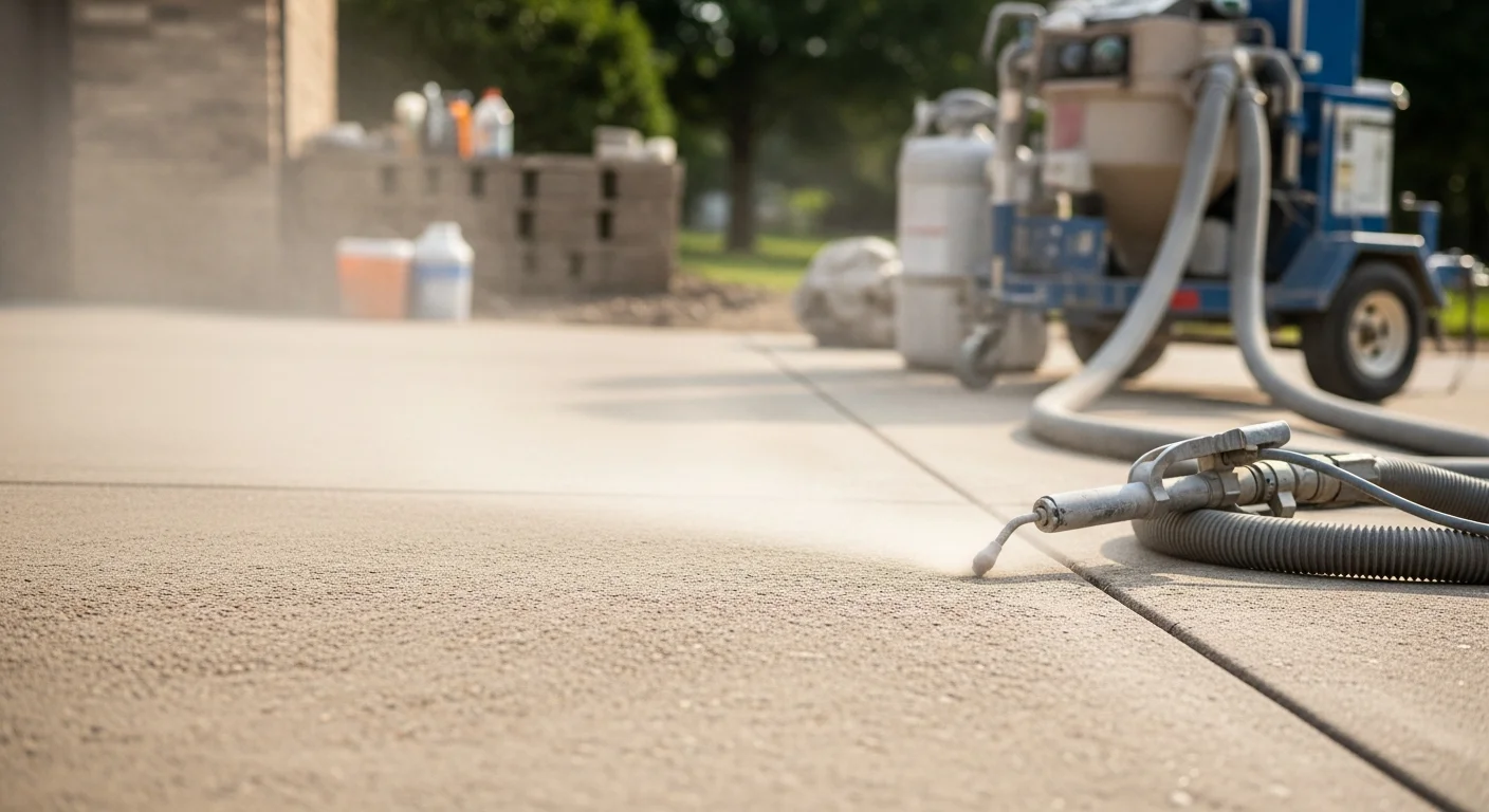 A concrete garage floor in Indianapolis after sandblasting, showing bare, open-profile concrete with old epoxy coating fully removed. The surface is clean and ready for a new coating application.