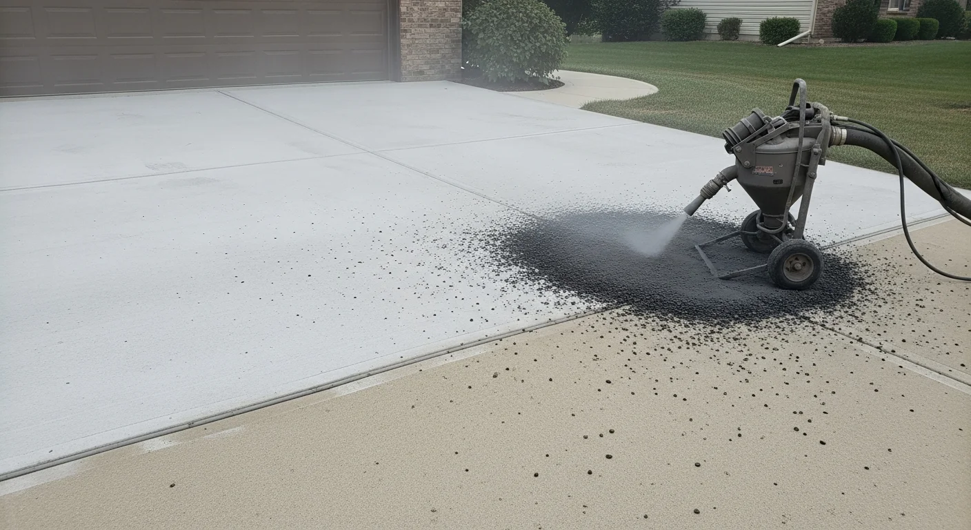 A concrete garage floor in Indianapolis shown before and after mobile blasting surface preparation, with the prepared side revealing a clean, profiled surface ready for coating. Scott's Mobile Blasting equipment is visible on-site at the residential property.