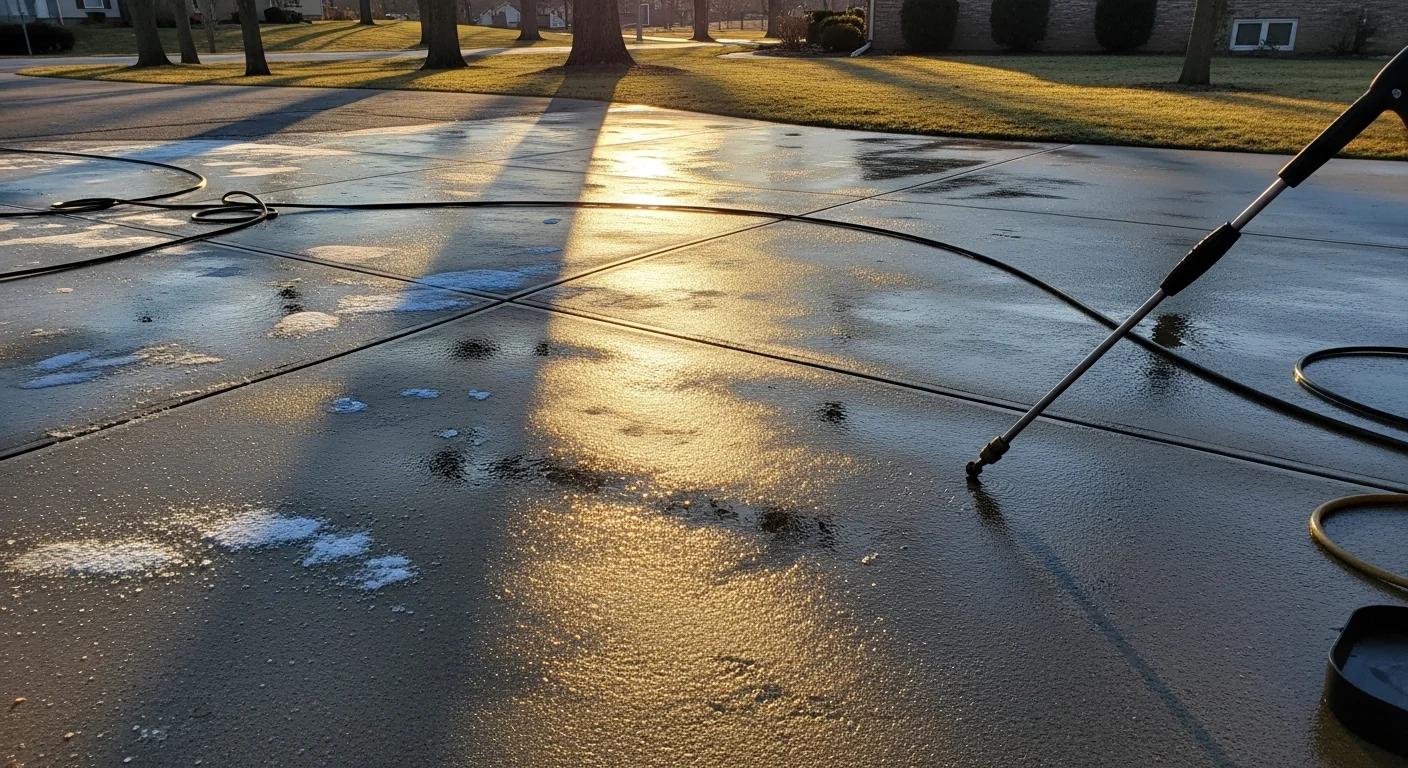 A concrete residential driveway in Indianapolis shown before and after professional pressure washing, with oil stains and dark algae streaks fully removed from the surface. The cleaned section shows bright, uniform concrete compared to the stained and discolored area beside it.