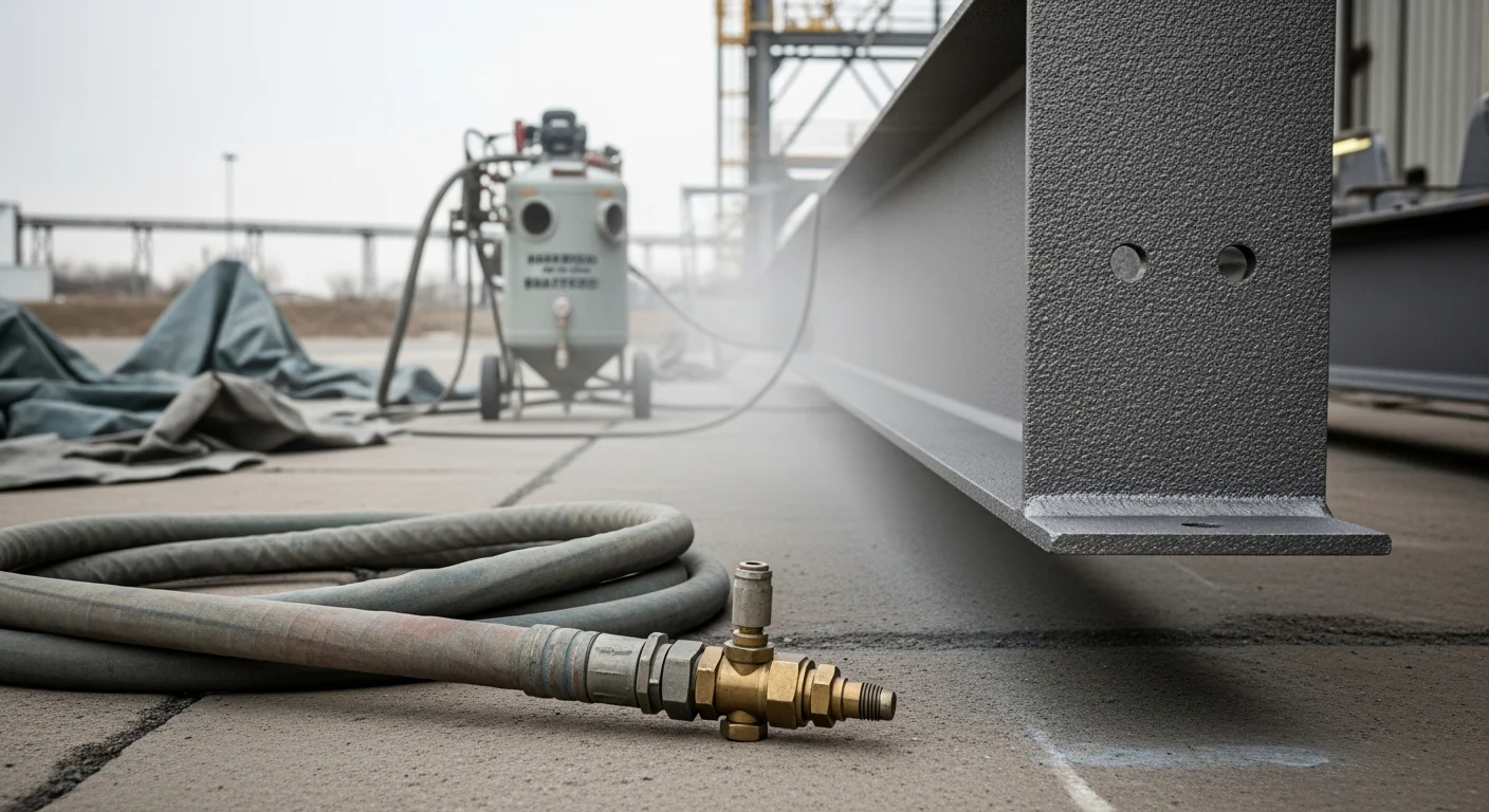 A Scott's Mobile Blasting technician sandblasting a heavily rusted steel beam at an Indianapolis industrial facility, with abrasive media stripping the surface back to bare metal. The surrounding structure shows the contrast between cleaned and uncleaned sections of the steel.