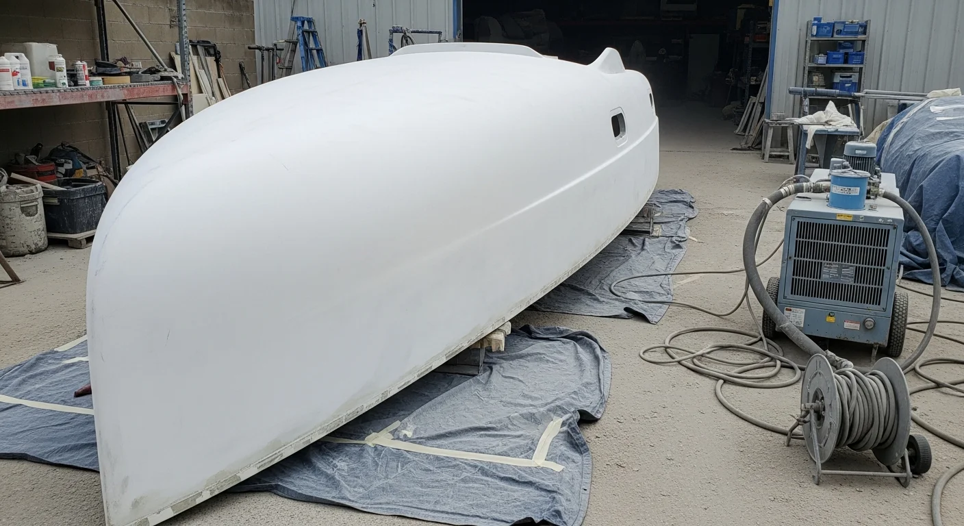 A boat hull being abrasive blasted at an Indianapolis-area storage facility, with old paint and surface corrosion stripped down to bare fiberglass. The cleaned hull section shows an even, raw surface ready for fresh coating application.