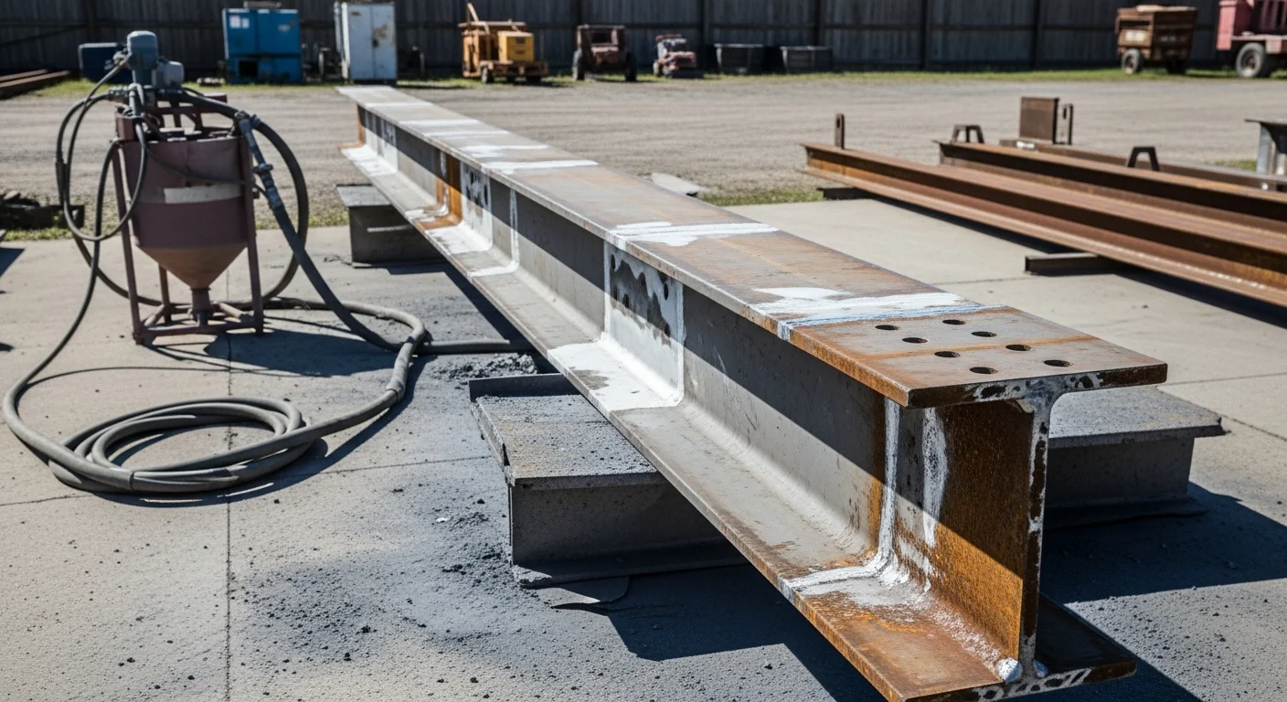 A metal equipment frame in Indianapolis after mobile blasting, showing clean bare steel with all rust and old coating removed. The prepared surface shows a uniform profile ready for protective coating application.