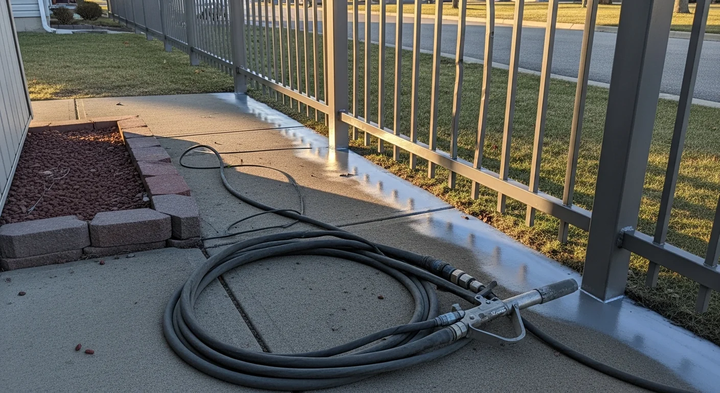 A metal fence panel in Indianapolis being sandblasted by a technician, with rust and old paint stripped away to reveal clean bare metal. The mobile blasting unit is visible in the background on a residential property.