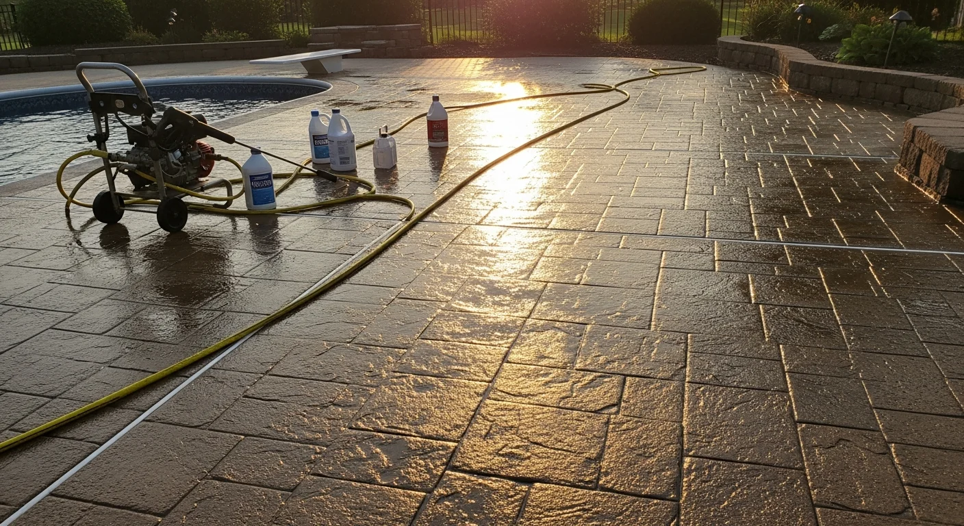 A concrete pool deck in an Indianapolis backyard after professional pressure washing, showing clean, evenly colored concrete free of algae staining and dark spots. The surrounding coping and pool edge are also visibly clean against the bright summer backdrop.