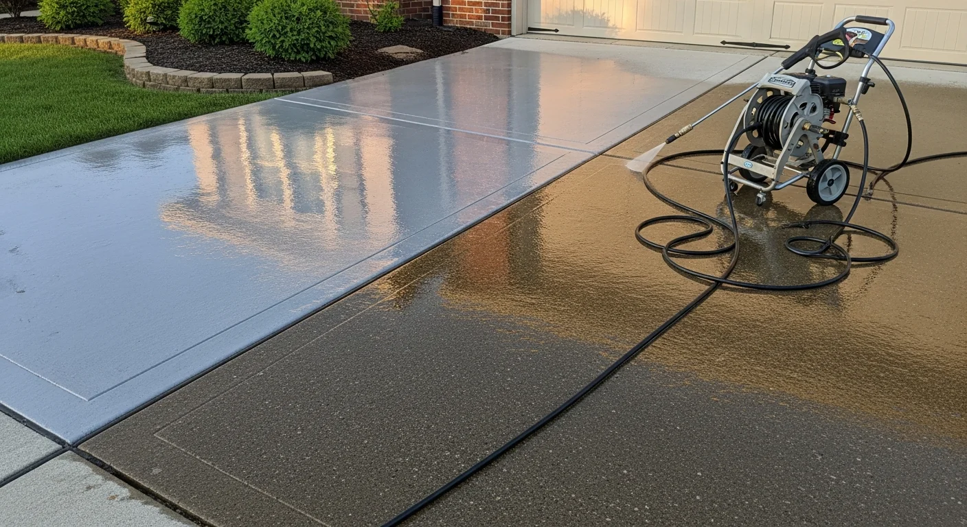 A residential home exterior in Indianapolis with clean siding and a freshly pressure washed concrete driveway, showing the contrast between washed and unwashed surface sections. A mobile pressure washing unit is visible in the foreground.