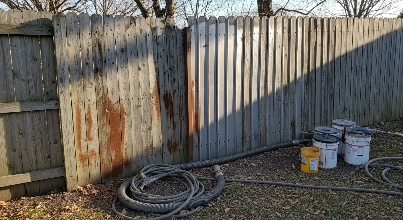 A metal fence in an Indianapolis residential yard after mobile blasting, showing bare clean metal stripped of rust and old paint. The surface is smooth and ready for a new protective coating.